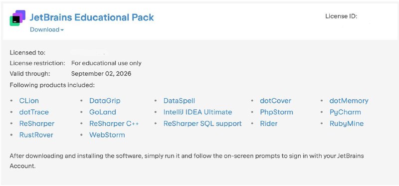 JetBrains full suite license in hand via educational program package! Perhaps that's a perk of studying in any publicly knowned university/college in North America I guess! #dev