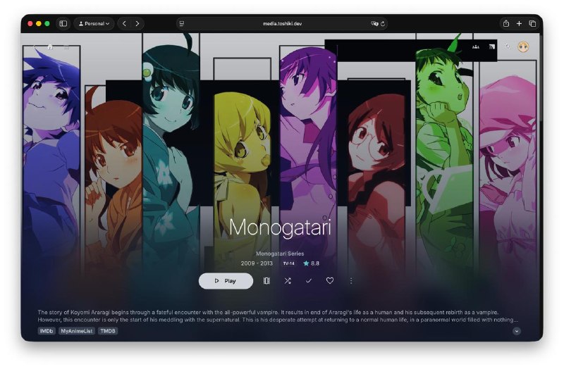 Finally finished organizing the entire Monogatari series in Jellyfin. Every season and episode manually updated (upgraded to a whole set of beautifu season posters). All metadata is now accurate for episodes including titles, descriptions, ratings, and it honestly satisfies my digital OCD so much.Now the only question remains, when am I actually going to watch it? I guess it is mainly for fullfilling my weird digital hoarding/collectomania kink. #lifeFinally finished organizing the entire Monogatari series in Jellyfin. Every season and episode manually updated (upgraded to a whole set of beautifu season posters). All metadata is now accurate for episodes including titles, descriptions, ratings, and it honestly satisfies my digital OCD so much.Now the only question remains, when am I actually going to watch it? I guess it is mainly for fullfilling my weird digital hoarding/collectomania kink. #life