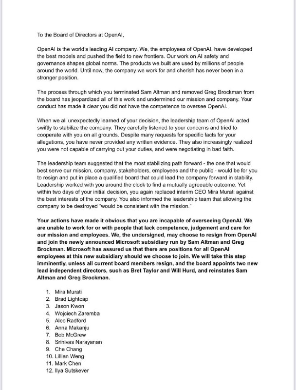 Hundreds of OpenAI employees threaten to resign and join MicrosoftIn a letter to OpenAI's board, over 500 current employees expressed their intention to resign and join Microsoft after the company hired ousted OpenAI CEO Sam Altman and former co-founder Greg Brockman to lead a new 
