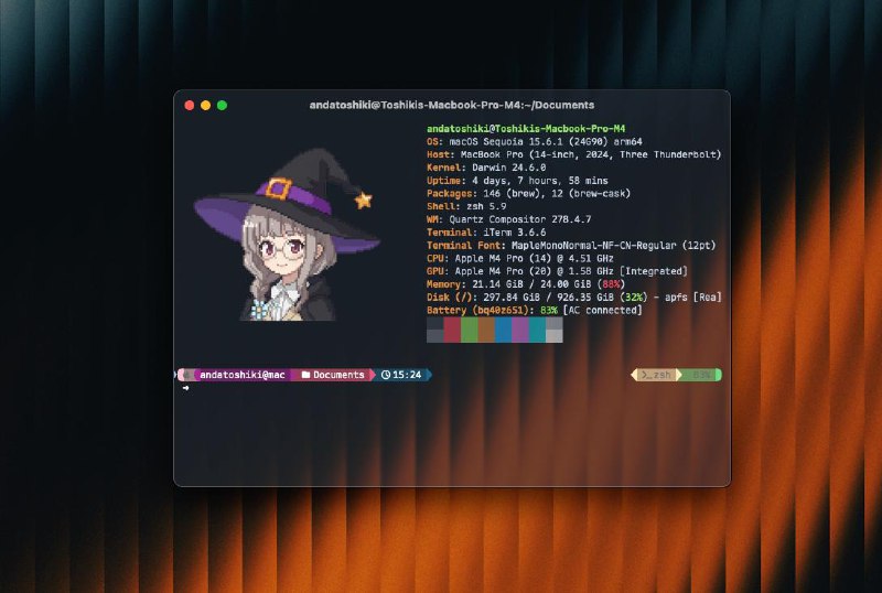 Switched from neofetch to fastfetch for better yet faster system information displaying with built-in support for non-resampled/pixelated image for logo! No more extra dependency integration for iterm! #dev